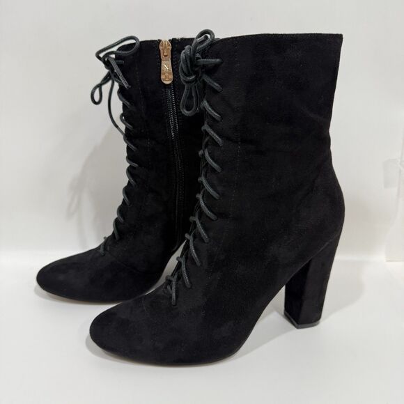 X2B Booties Woman 7 Lace Black Lace Up Block Heel Side Zipper Faux Suede - Picture 1 of 16